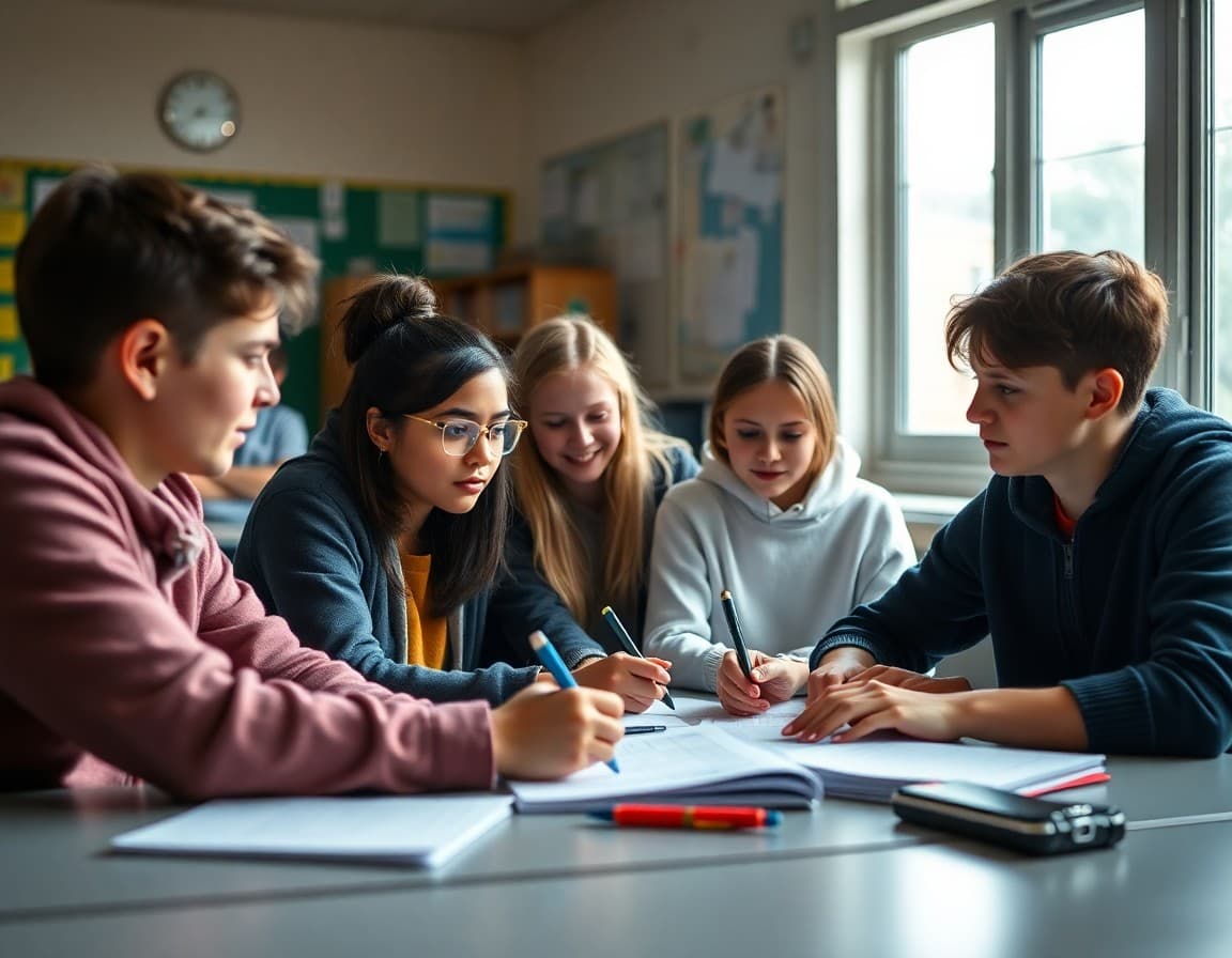 Exchange students from different countries collaborating on project in high school classroom