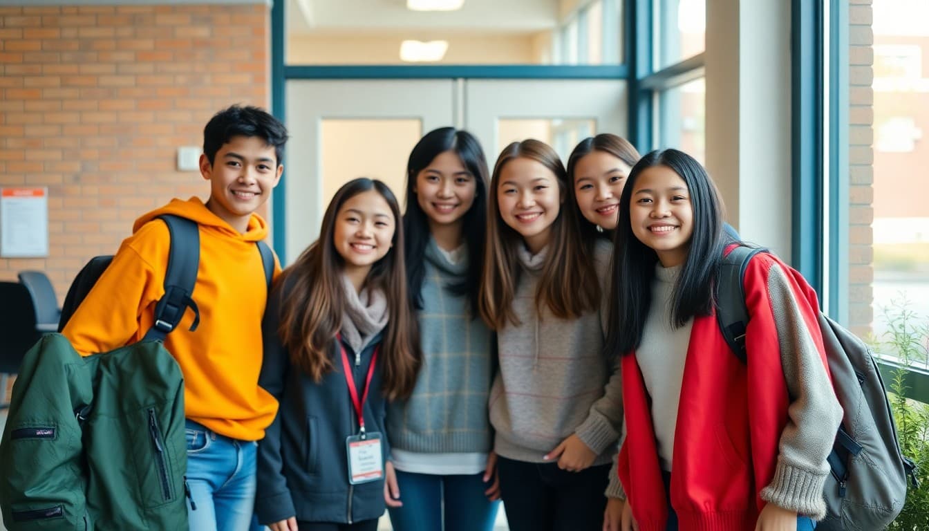 High school students with international exchange visitors posing at school entrance welcome event
