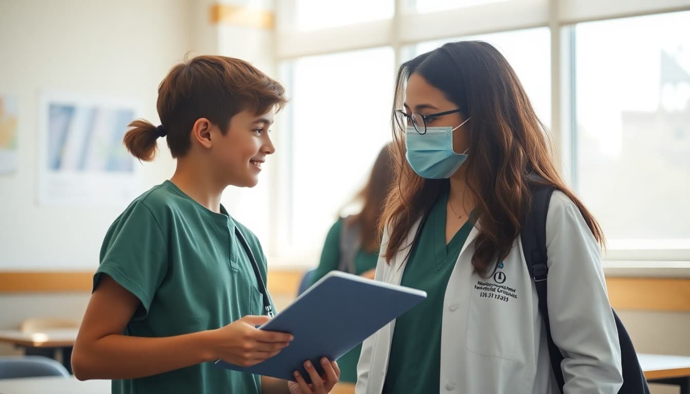 High school student shadowing a healthcare professional during a career internship experience