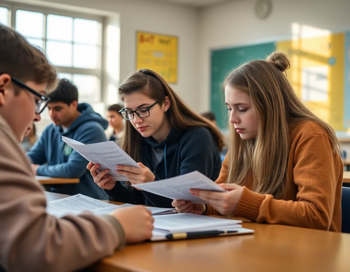High school students reviewing SAT practice materials in a classroom
