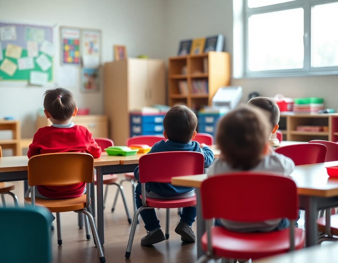 Kindergarten classroom setup with small chairs and colorful learning materials