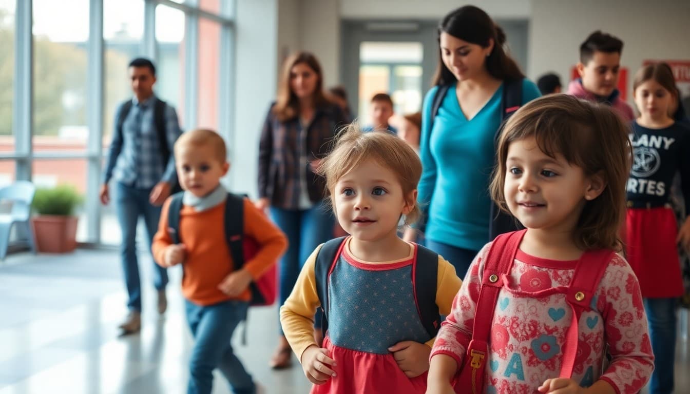 Young children and parents arriving at school for kindergarten orientation day