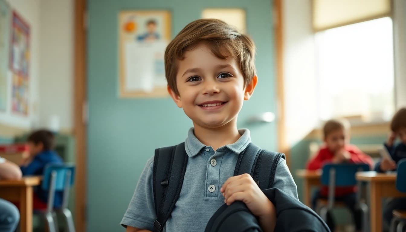 Smiling five-year-old child holding a backpack at the kindergarten classroom door