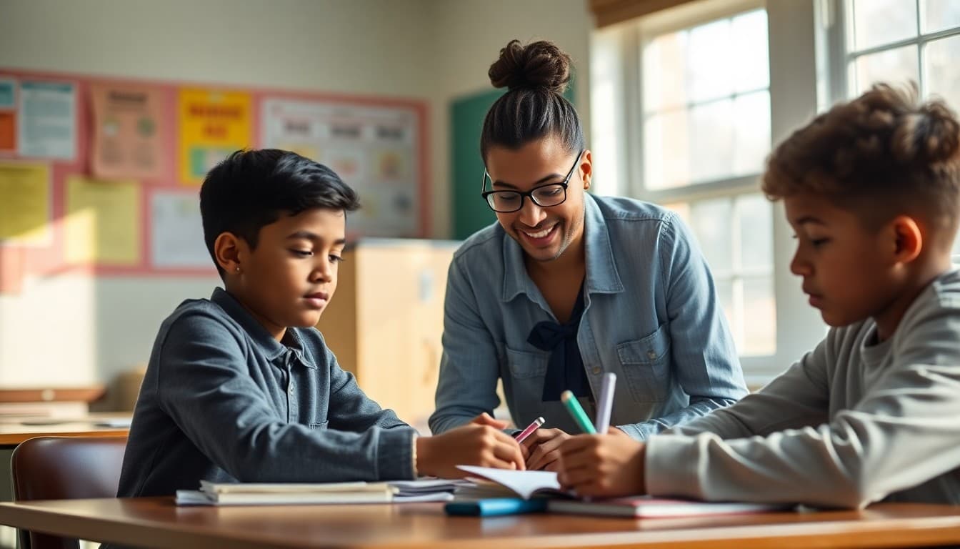 Teacher working closely with small group of students in learning recovery tutoring session