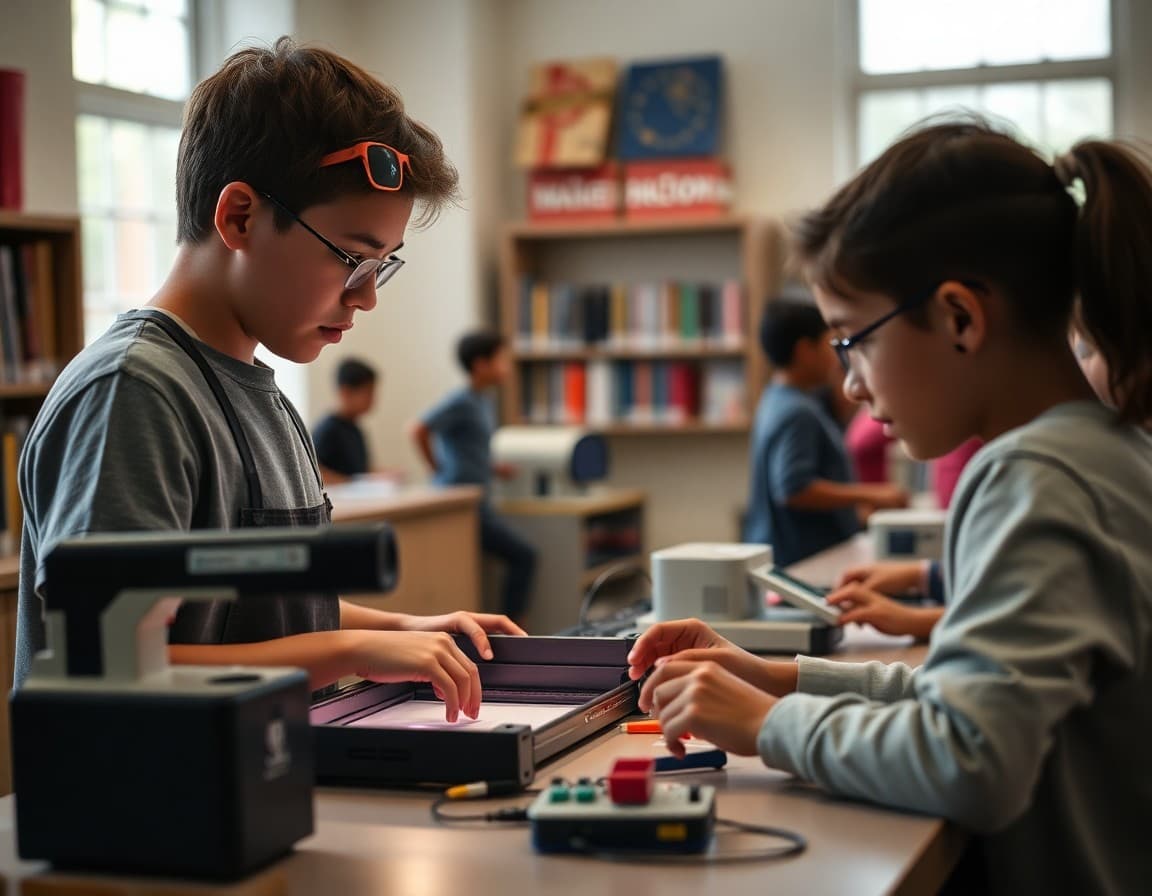 School library maker space with laser cutter vinyl cutter and electronics workstation