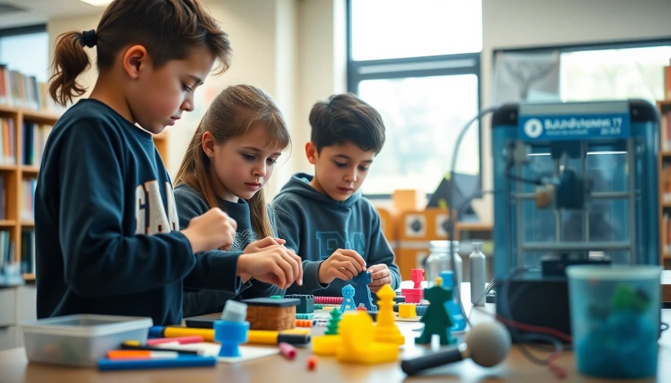 Students building projects at library maker space with 3D printer and craft supplies