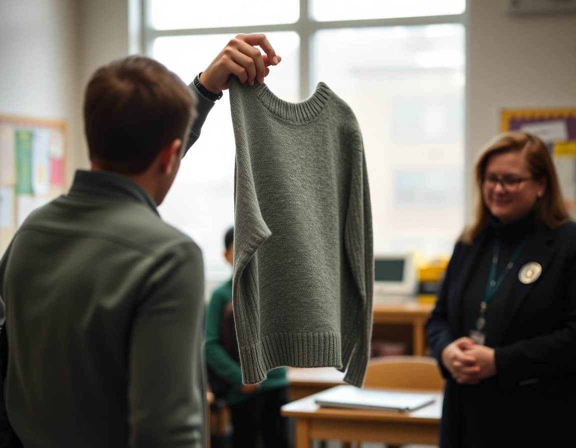 Principal holding up unclaimed sweater at school lost and found asking families to check belongings