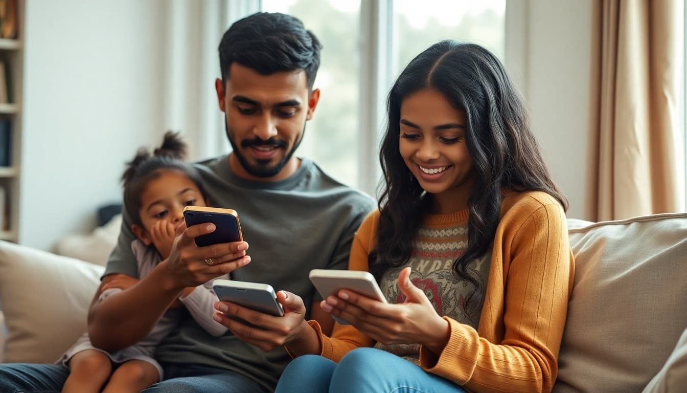 Diverse families reading school communications on phones in everyday home settings