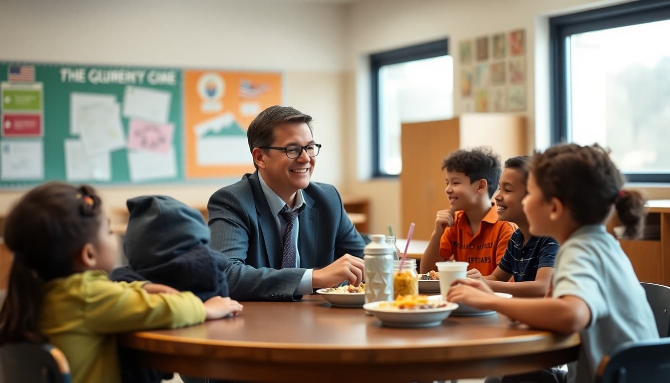 Principal sitting at round table with small group of diverse students eating lunch and laughing in school