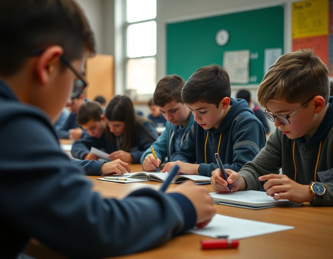 Middle school students solving math problems during Math Olympiad competition in classroom setting