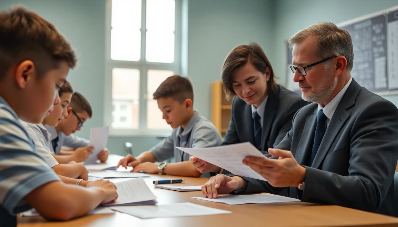 Students competing in Math Olympiad at school with principal and math teacher reviewing answer sheets