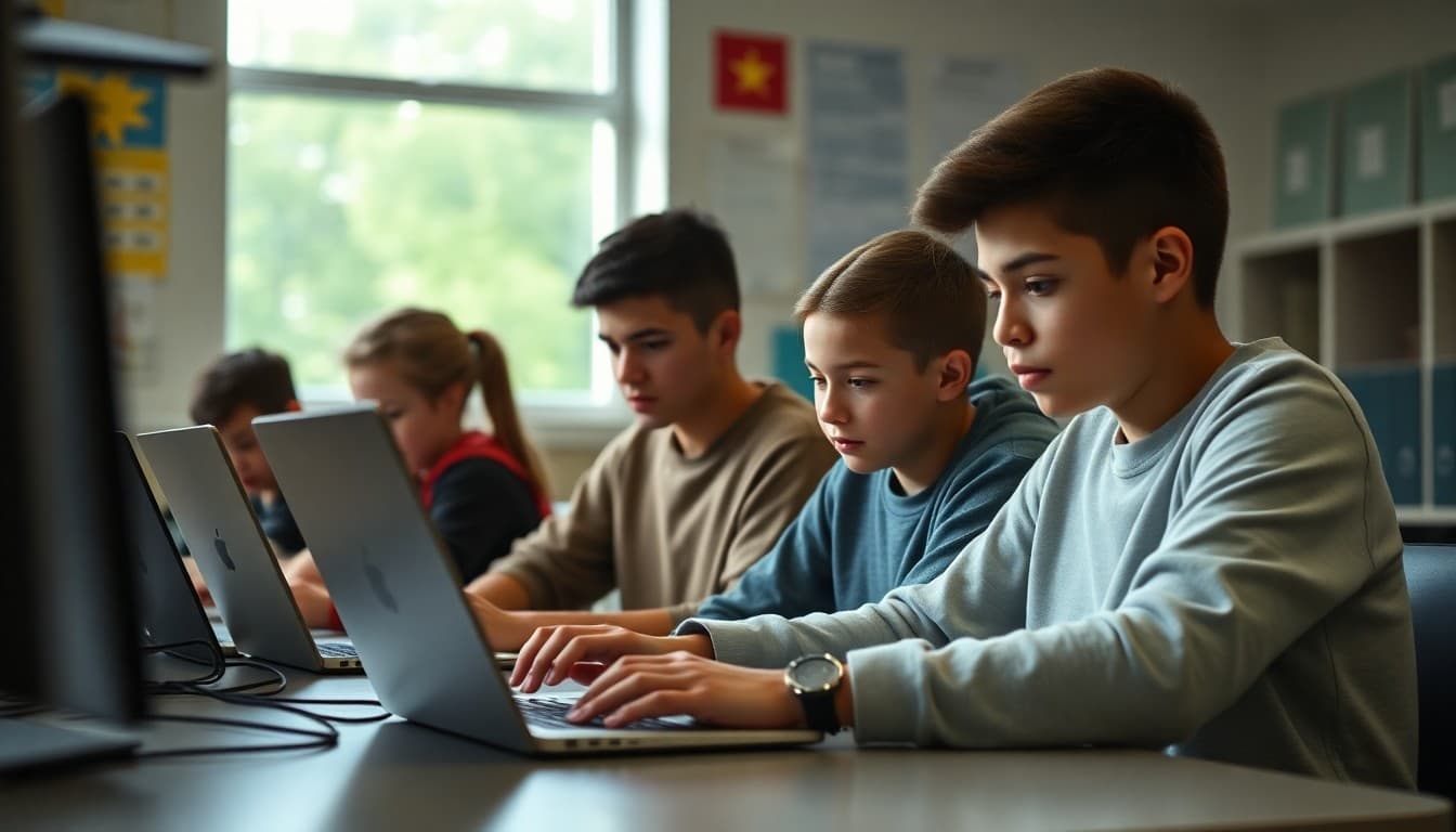 Students analyzing news articles and websites in media literacy class on laptops in school computer lab