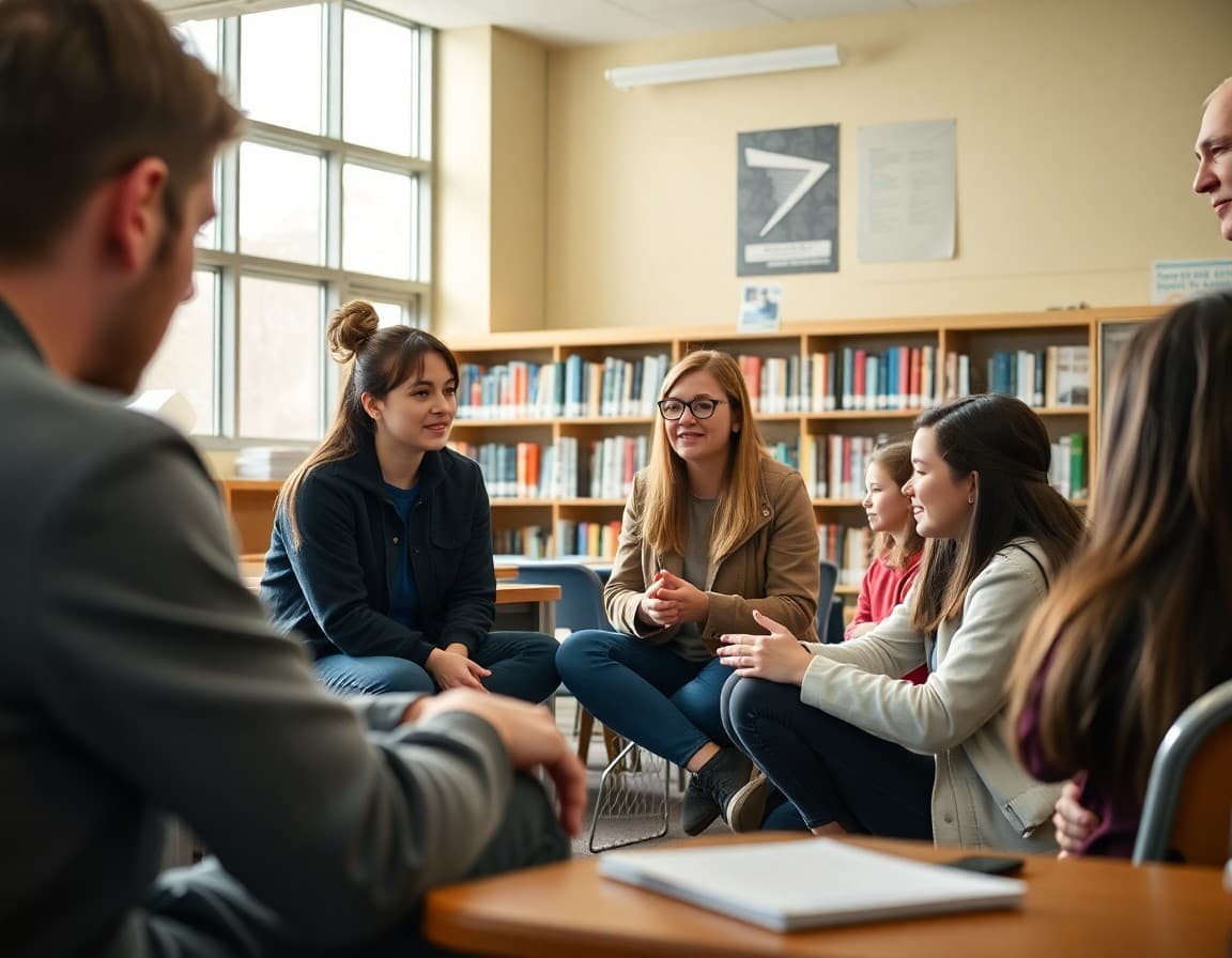 School counselor leading group wellness activity with students in library for mental health awareness week