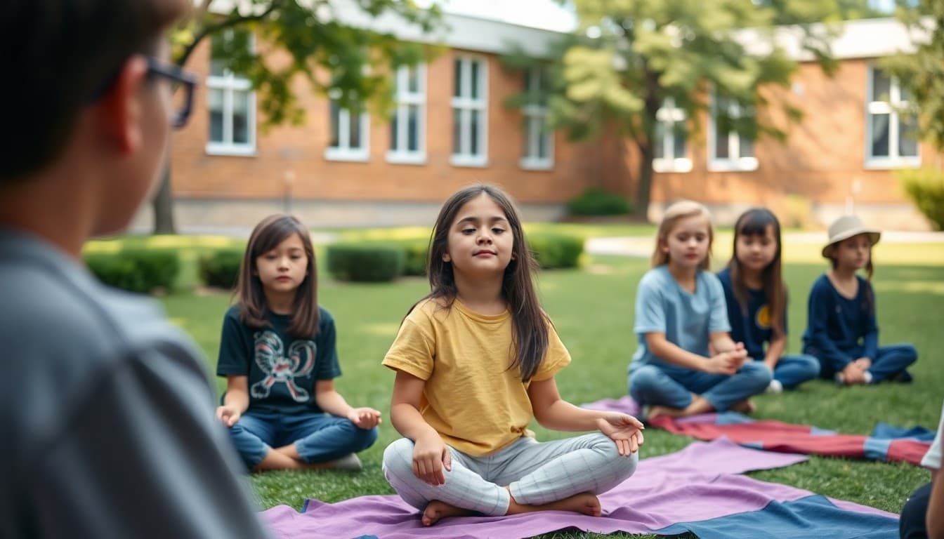 Students participating in mindfulness exercise outside on school lawn during mental health awareness day