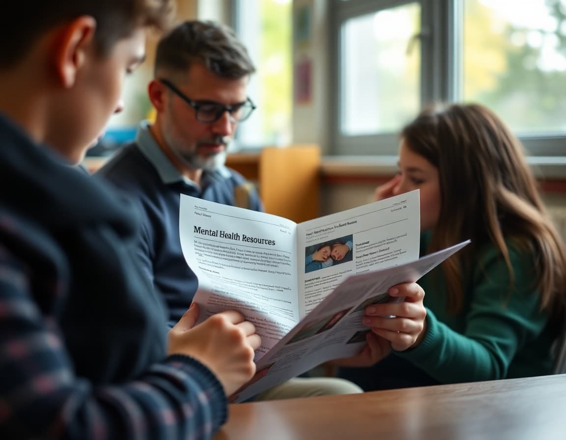 Parent reading mental health resource information in a school newsletter
