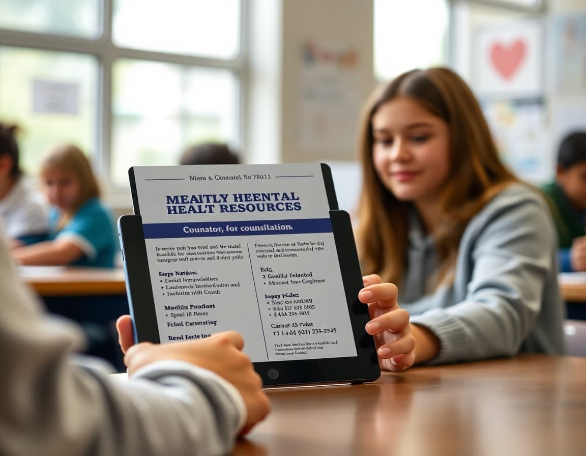 Mental health resources newsletter on a tablet with counselor contact information