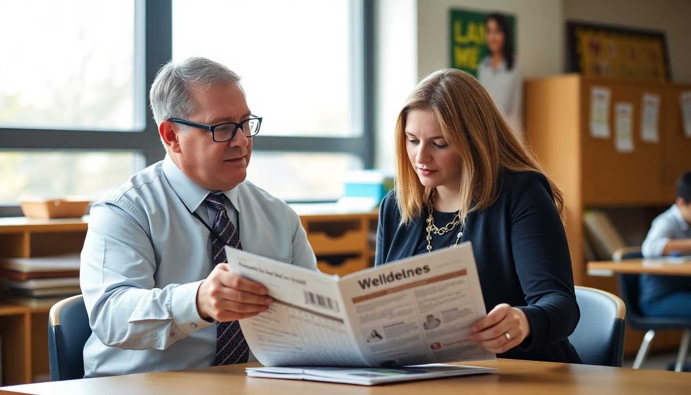 School principal and counselor reviewing student wellness resources for a newsletter