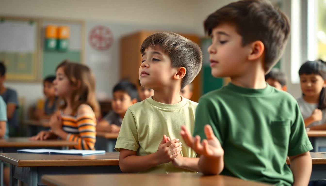 Students doing guided breathing exercise in elementary classroom for mindfulness practice