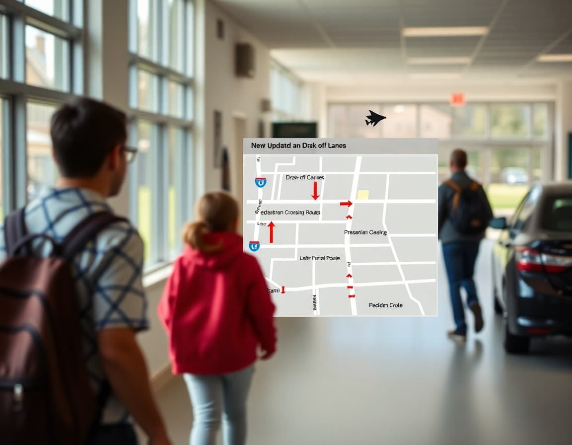 New school arrival map showing updated drop-off lanes and pedestrian crossing routes