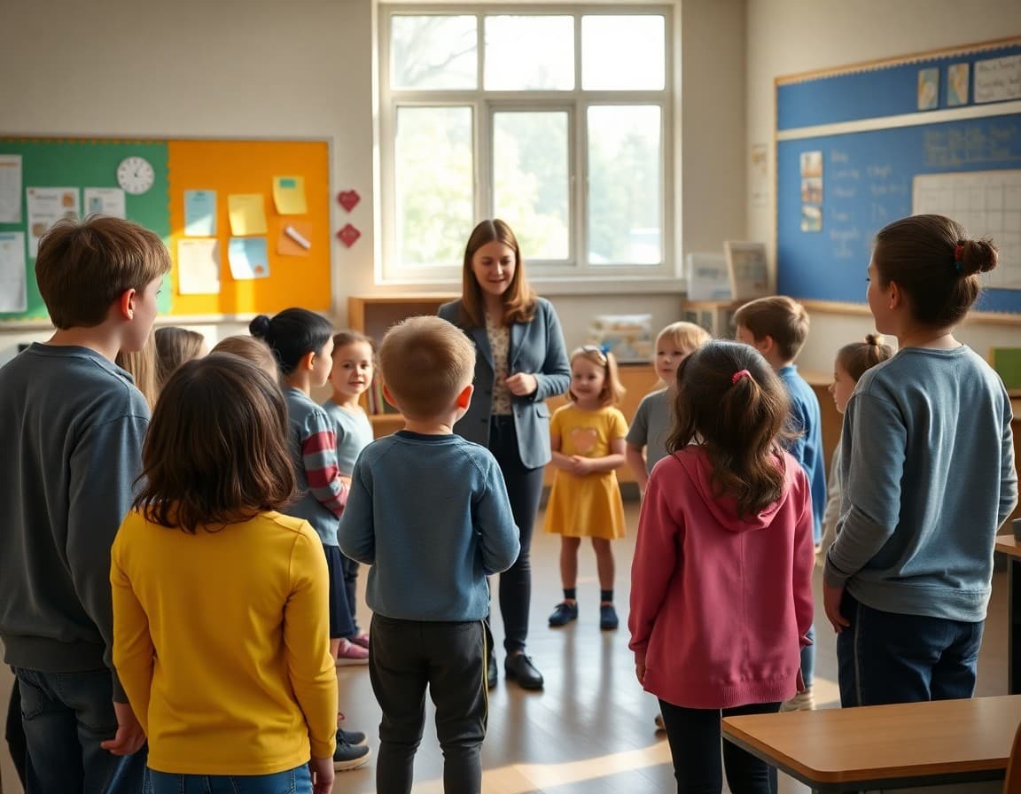 Teacher leading a morning greeting activity with students standing in a circle