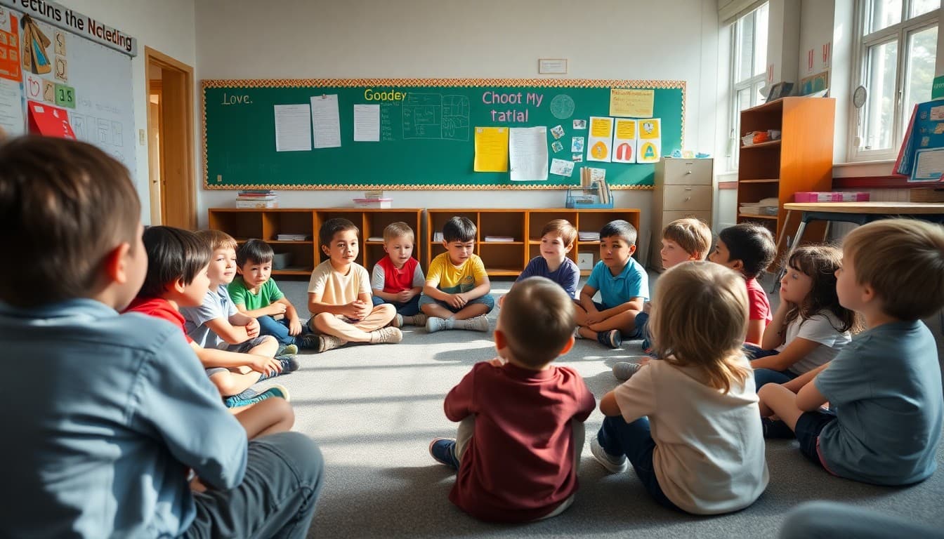 Students sitting in a circle on the floor during a morning meeting in an elementary classroom