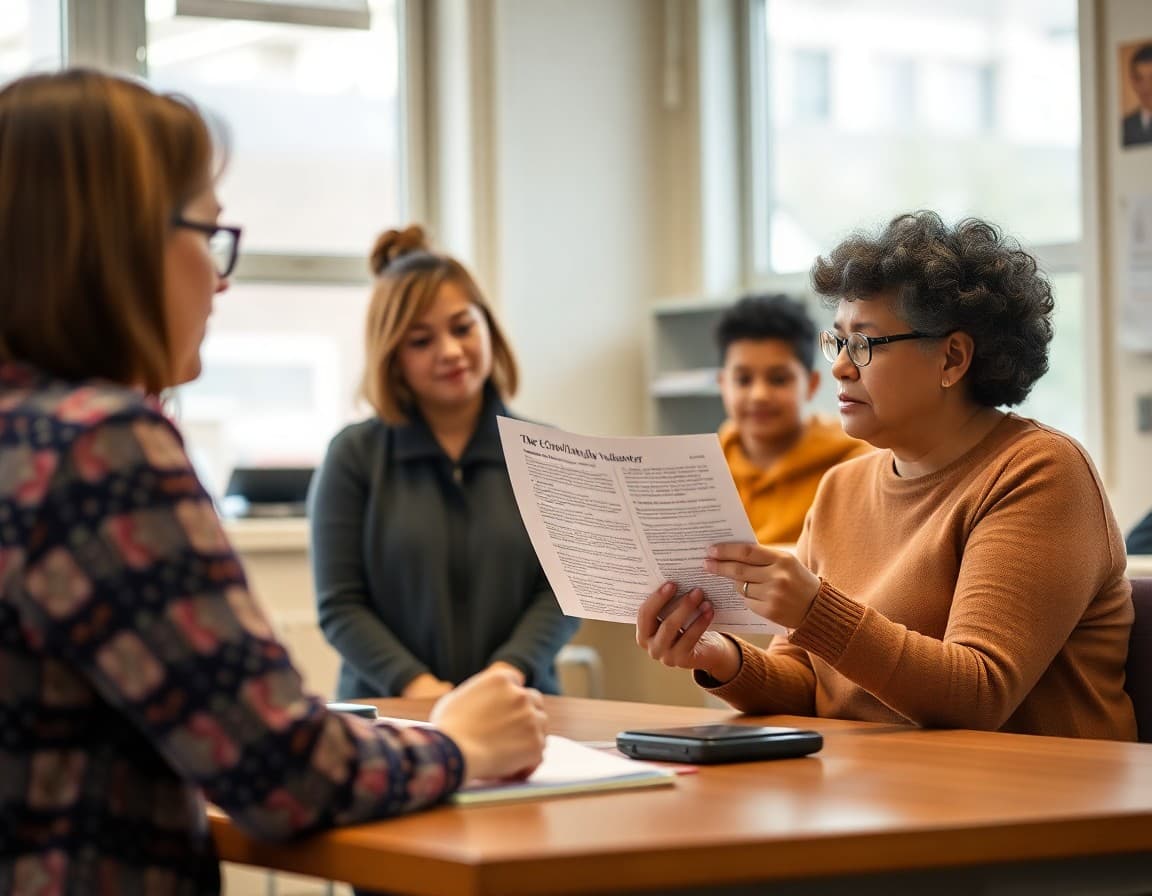 School family liaison translating a newsletter for a parent at a school office meeting