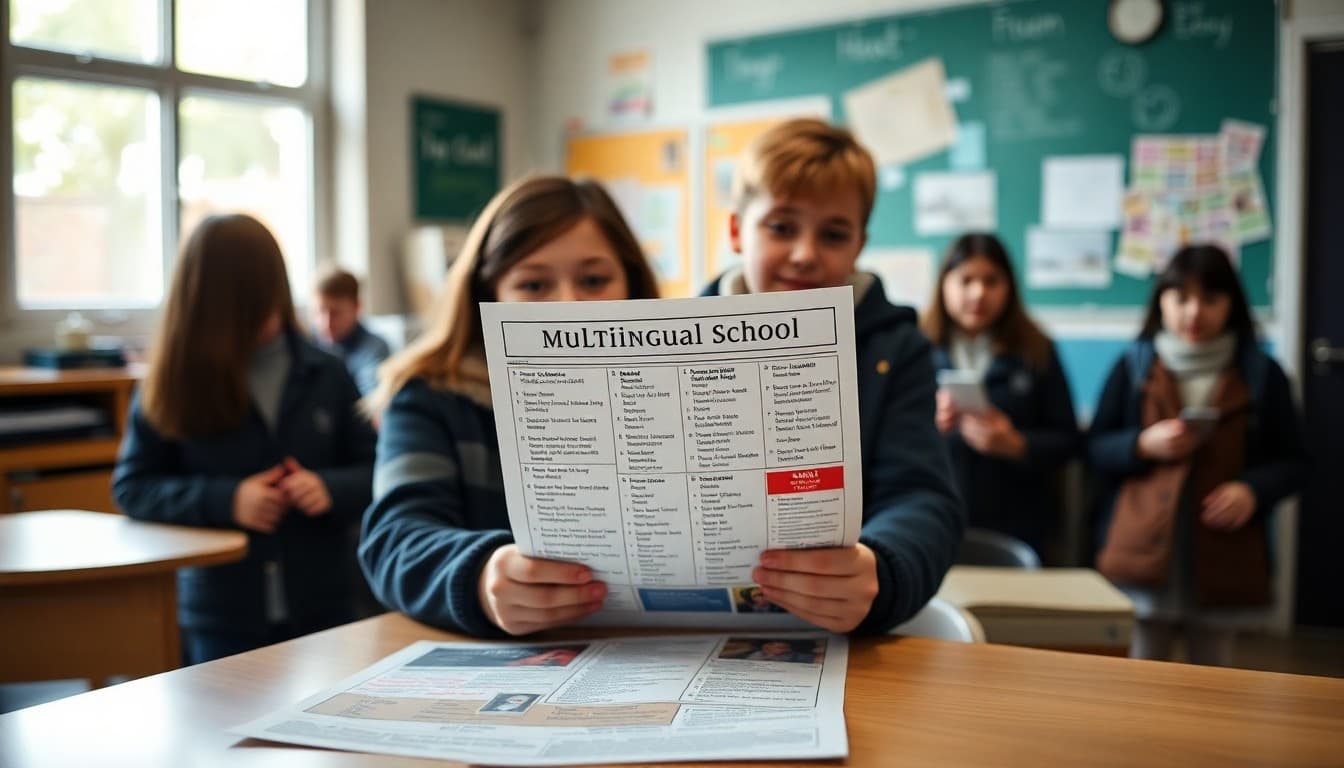 Multilingual school newsletter printed in multiple languages on a school front desk