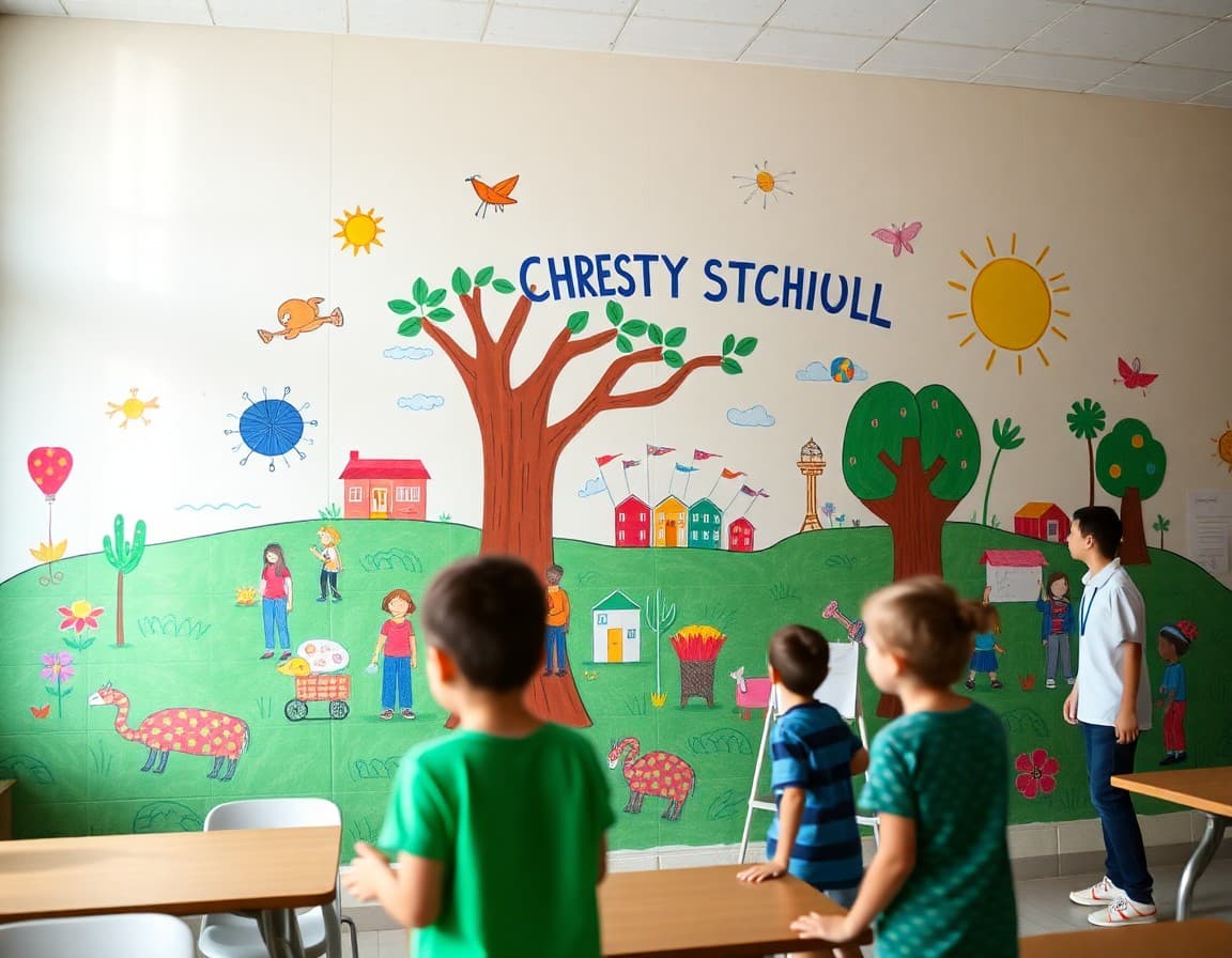 Completed school mural with student-designed elements representing community values