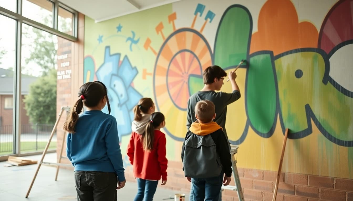Students and an artist painting a large school mural on an exterior wall