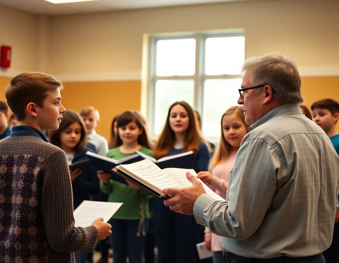 Music director leading student choir rehearsal before fall school concert performance
