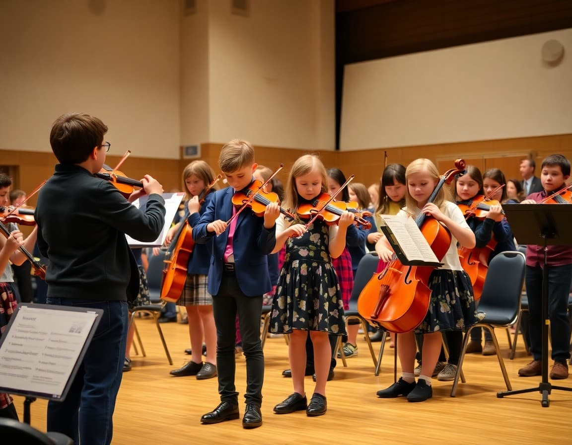 String orchestra students bowing after spring school concert performance on stage