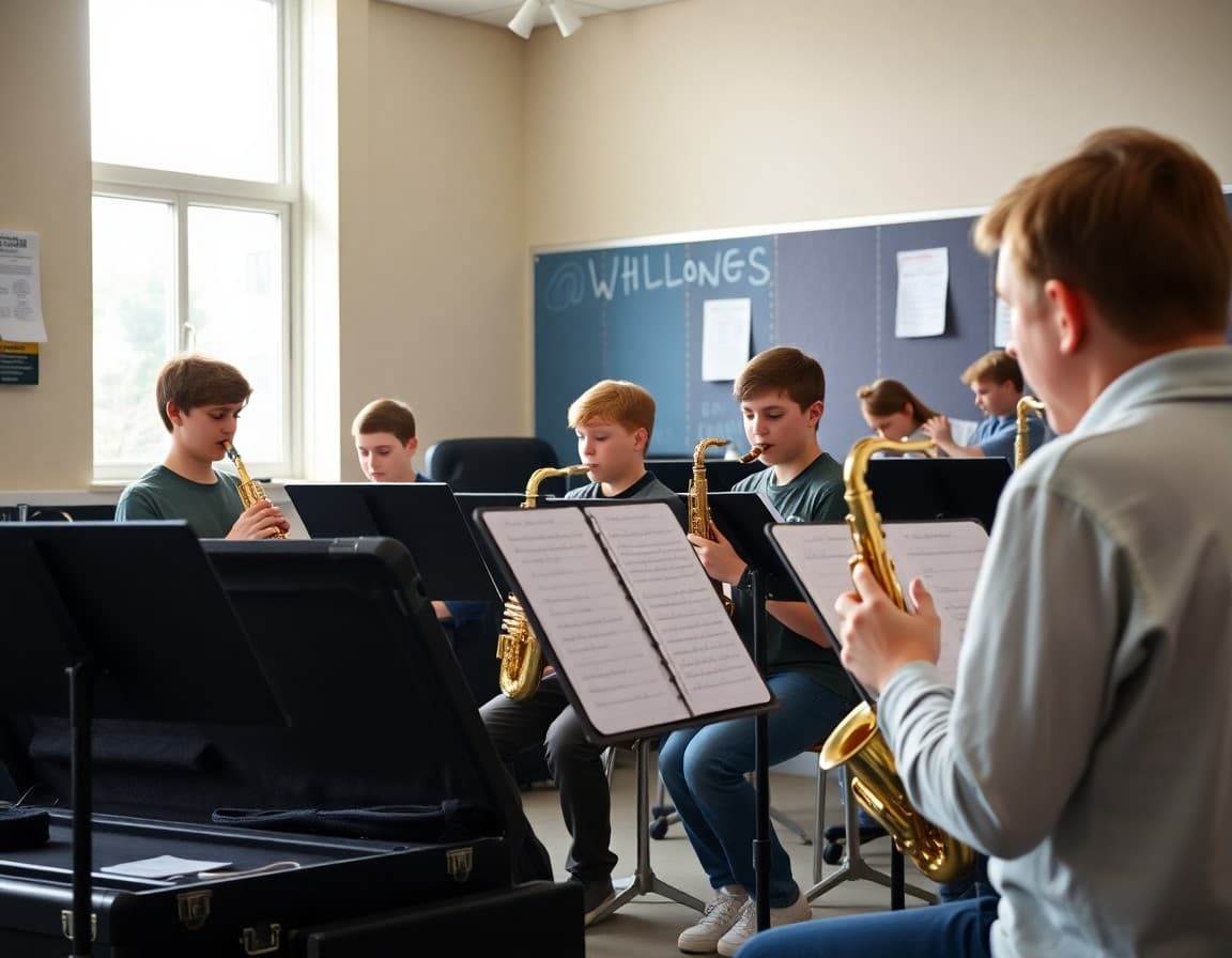 School band students rehearsing in music room with instrument cases and music stands