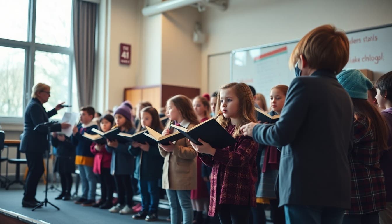 Elementary students performing in school winter music concert on stage with music teacher conducting