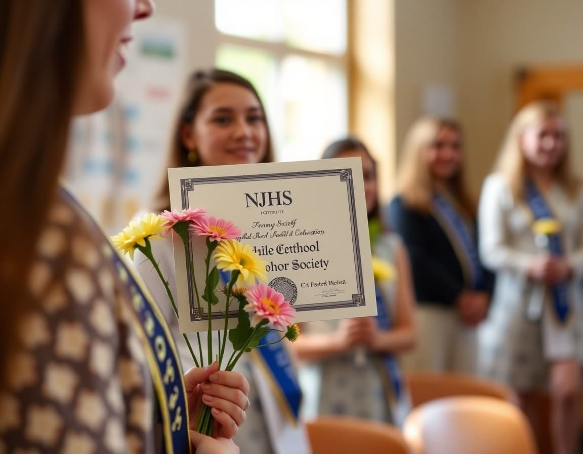 NJHS certificate and sash displayed with flowers at middle school honor society ceremony