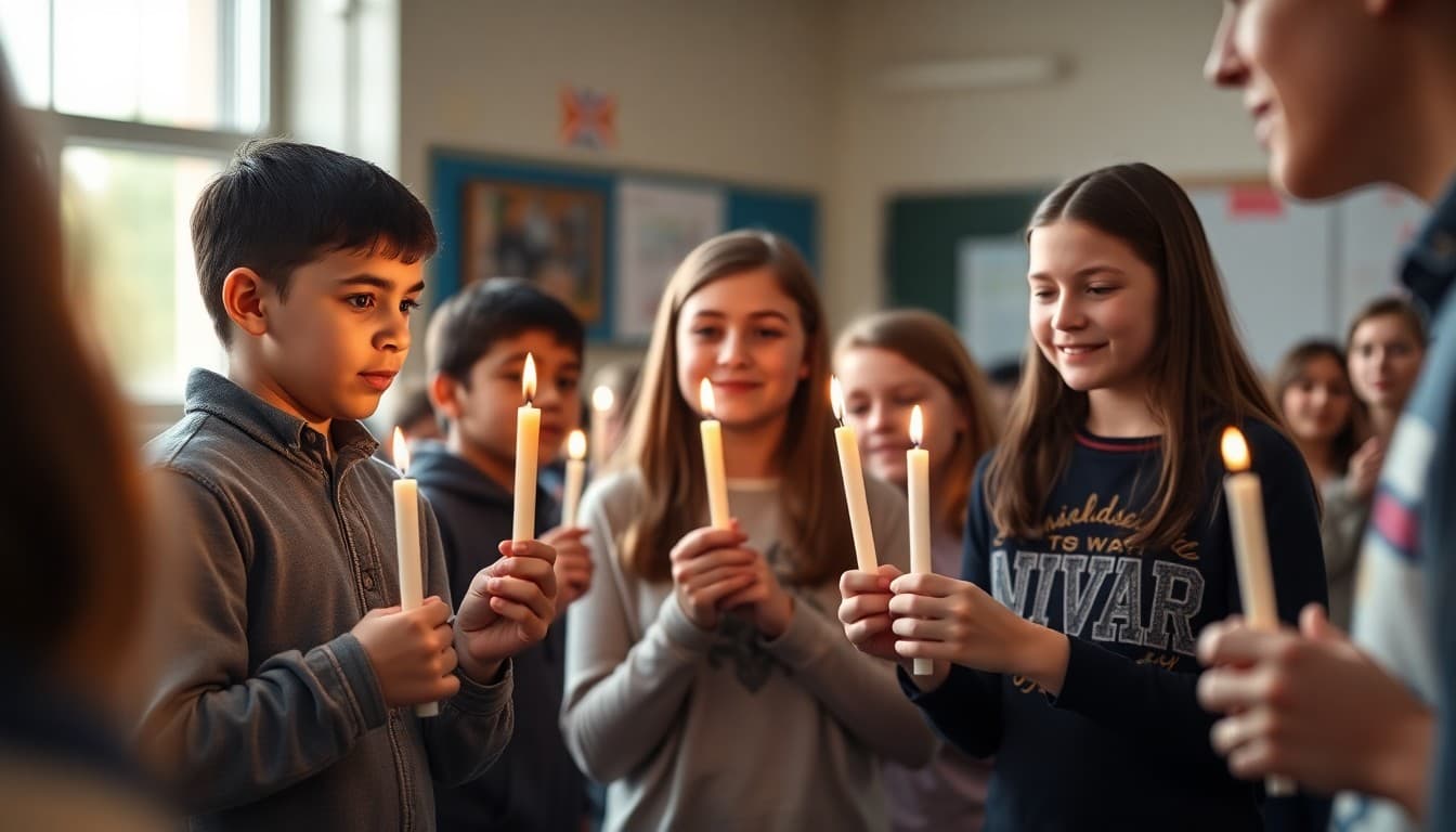 Middle school students receiving NJHS candles at National Junior Honor Society induction ceremony