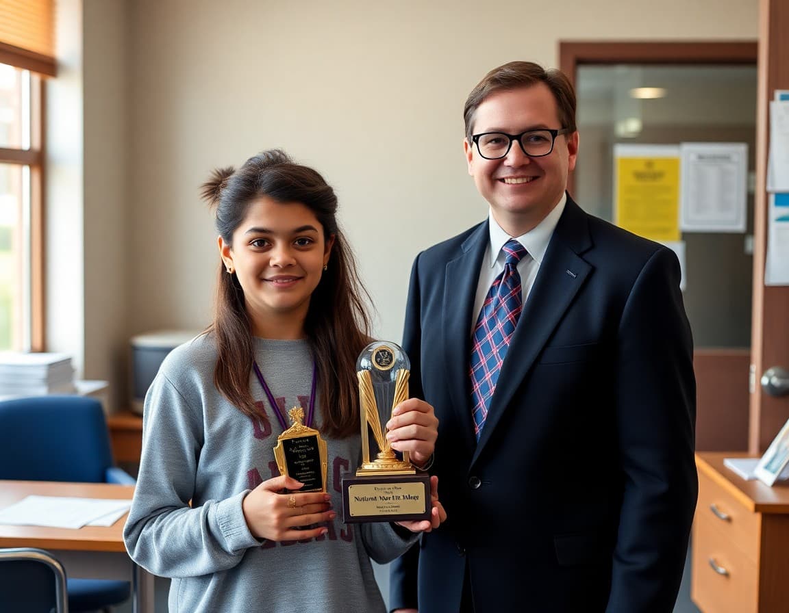 National Merit semifinalist high school student posing with trophy and principal in school office