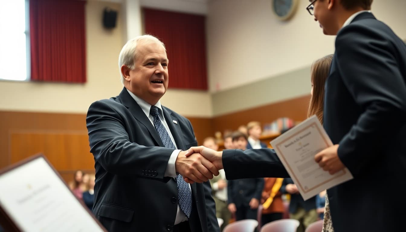 High school principal shaking hand of National Merit Scholar student at award ceremony in school auditorium