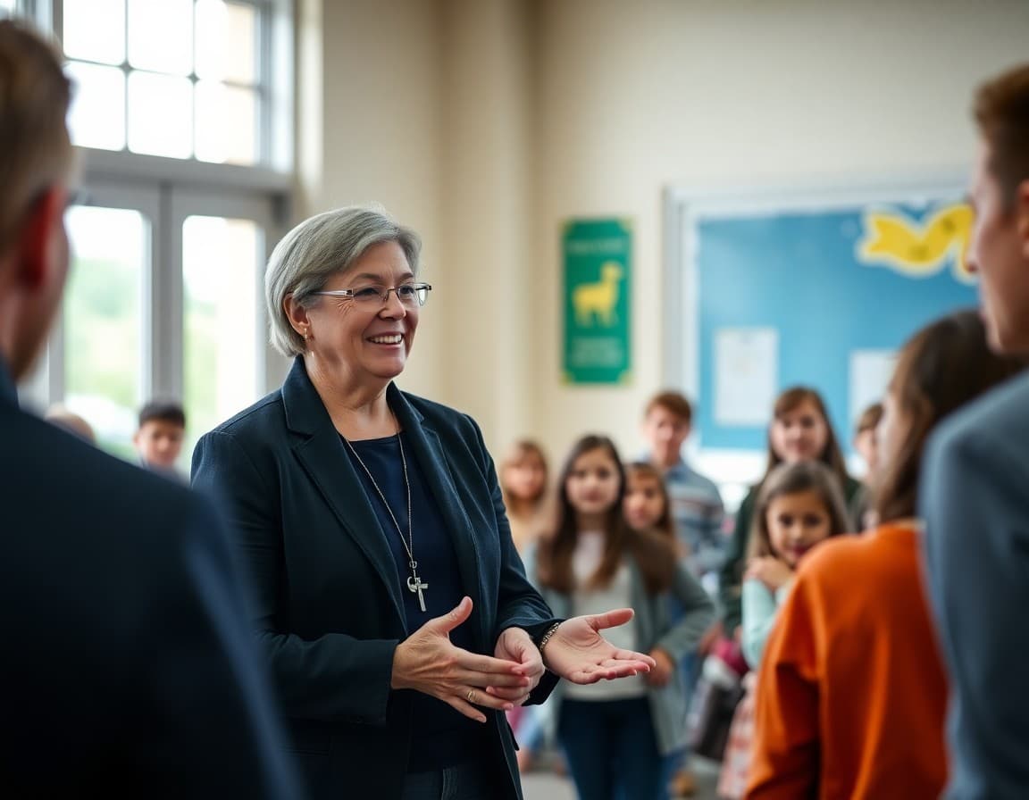 Principal welcoming prospective families during a school tour event
