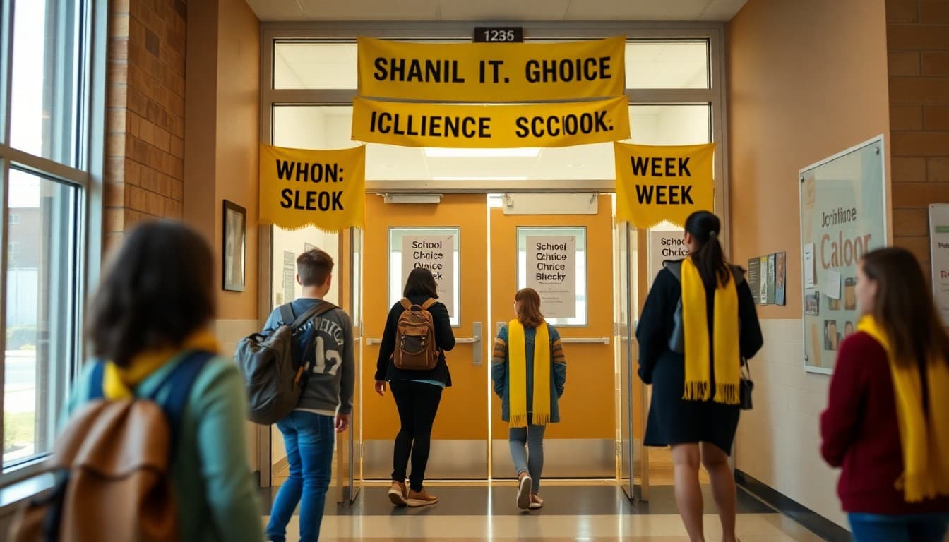 School entrance decorated for National School Choice Week with yellow scarves and banners