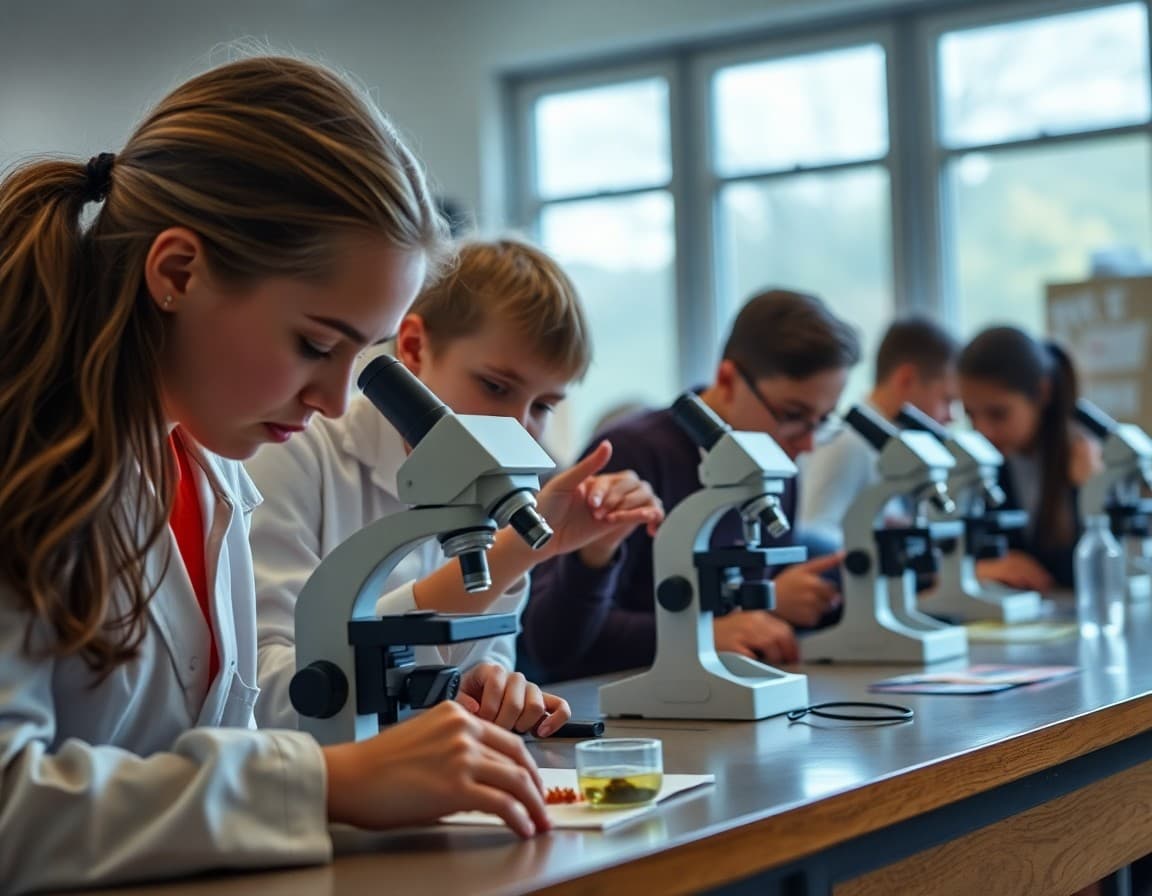 Middle school science class examining specimens with microscopes during science week activities