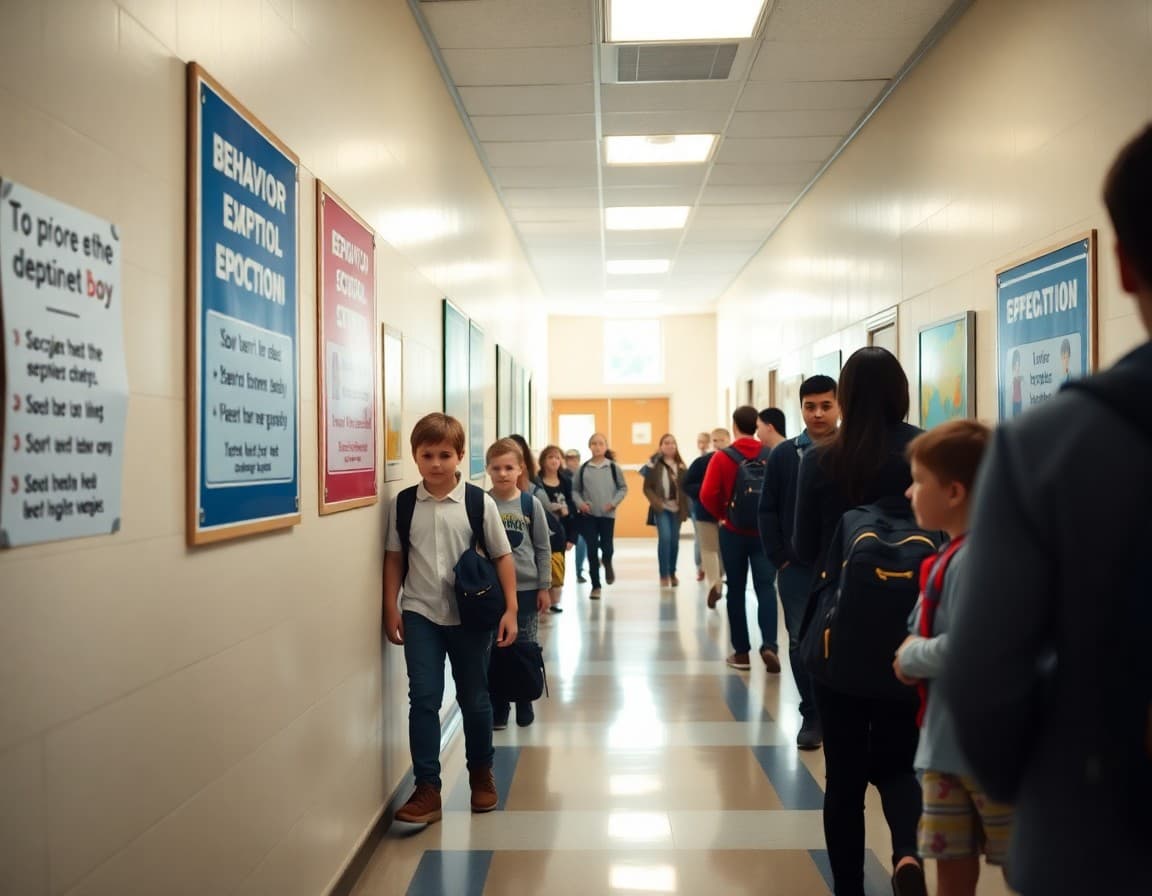 School hallway with new behavior expectation posters displayed prominently