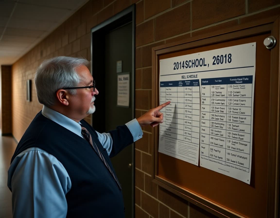 Principal pointing to printed bell schedule displayed on school entrance bulletin board