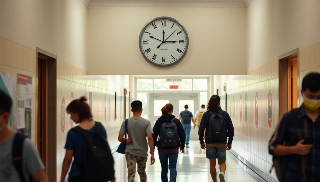 Wall clock above school hallway with students passing between classes on schedule