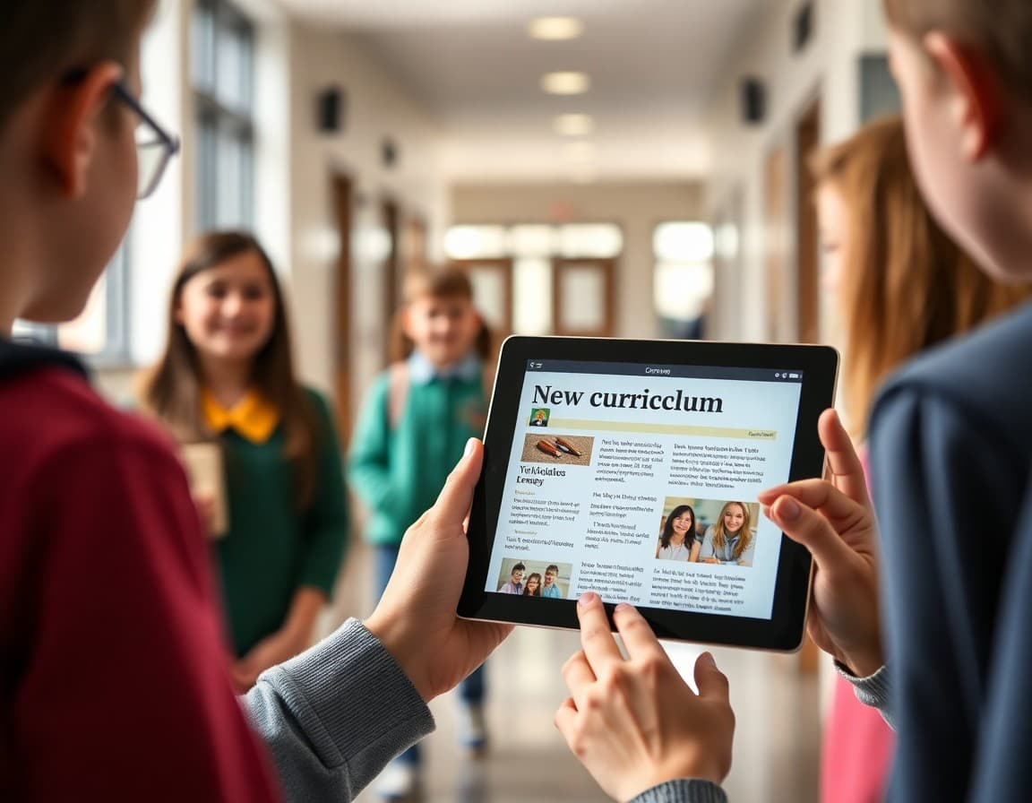 New curriculum announcement newsletter on a tablet in a school hallway