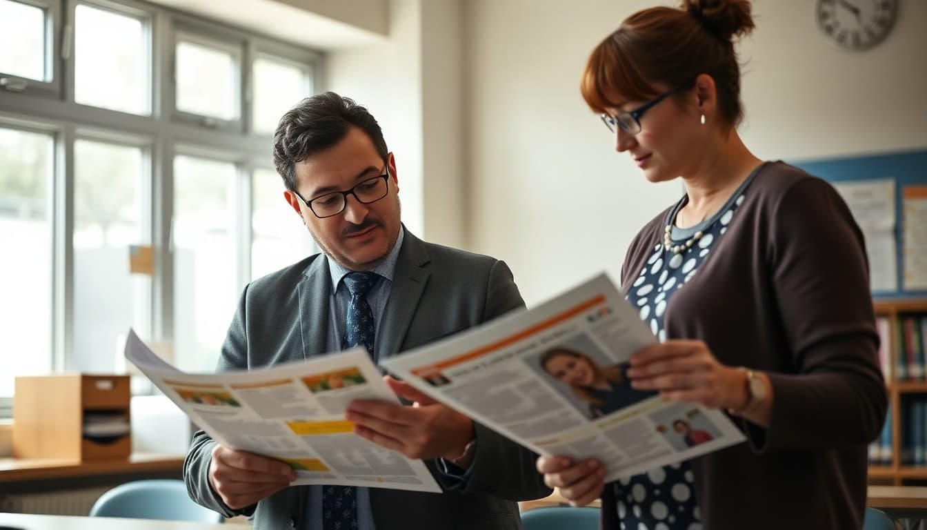 Principal and curriculum coordinator reviewing new materials for a school newsletter
