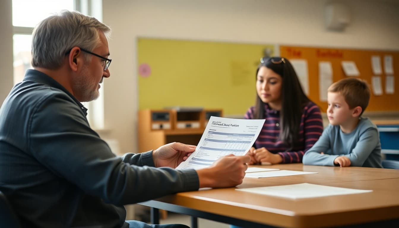 Teacher explaining a standards-based report card to a parent at a conference table