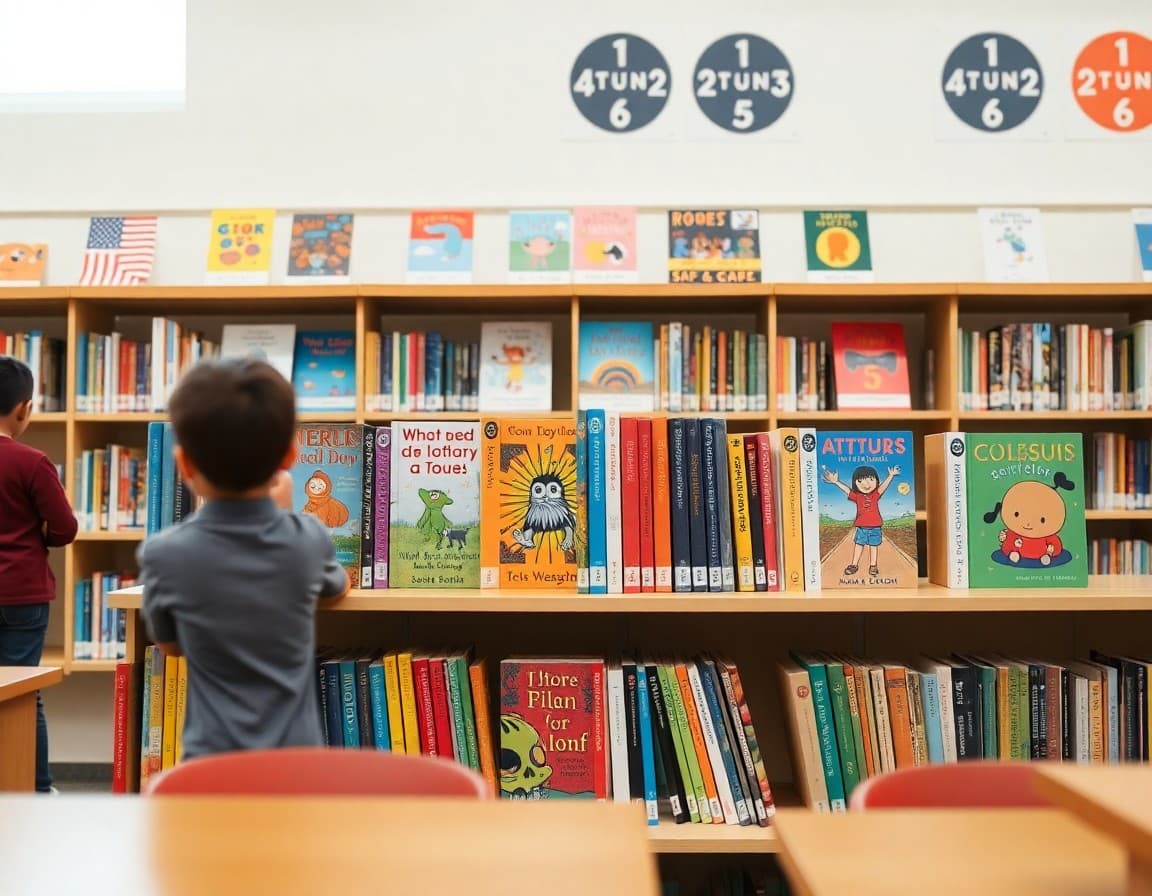 Colorful new books displayed on library shelves in an elementary school