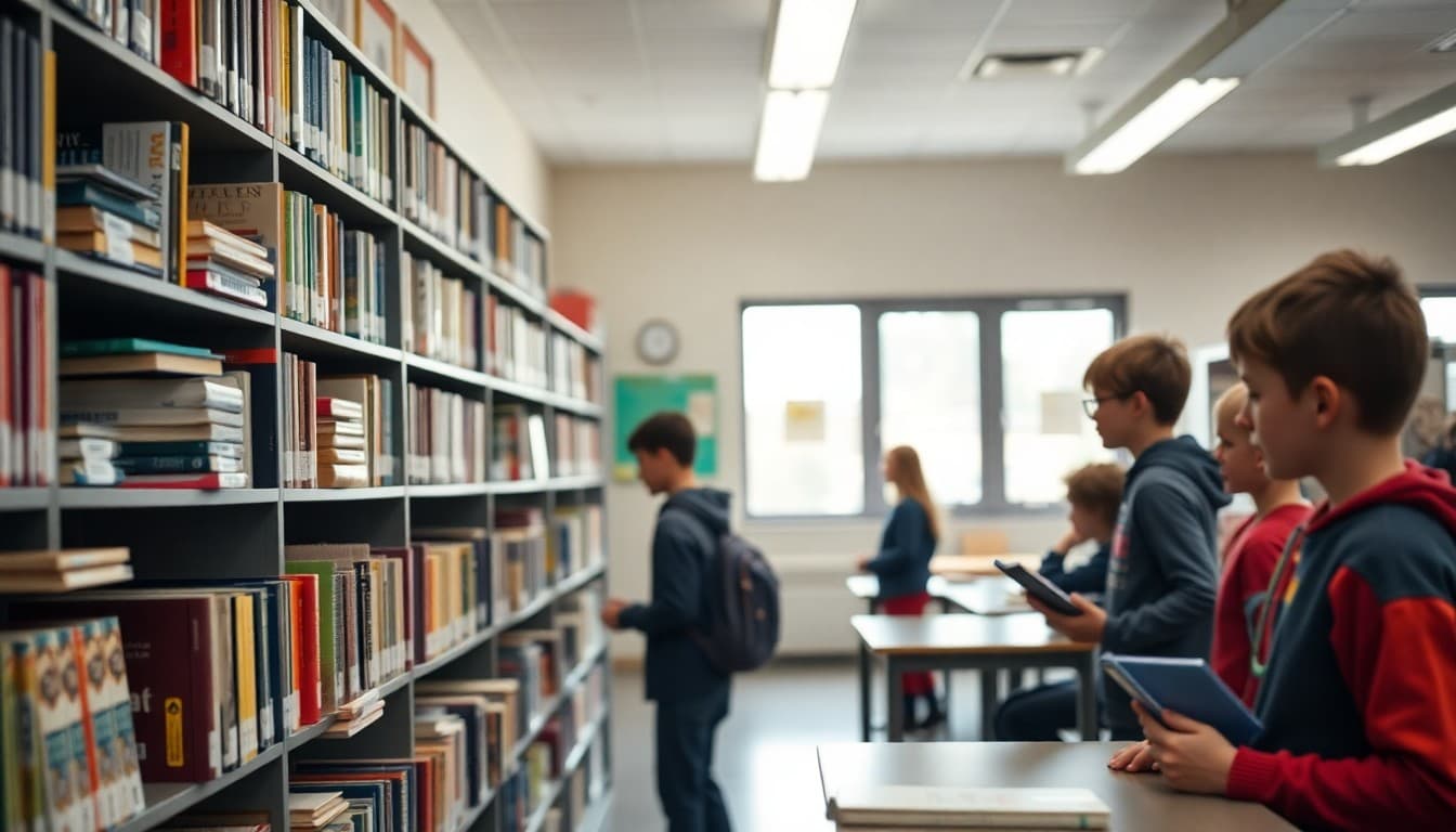 School librarian shelving new books with students browsing nearby