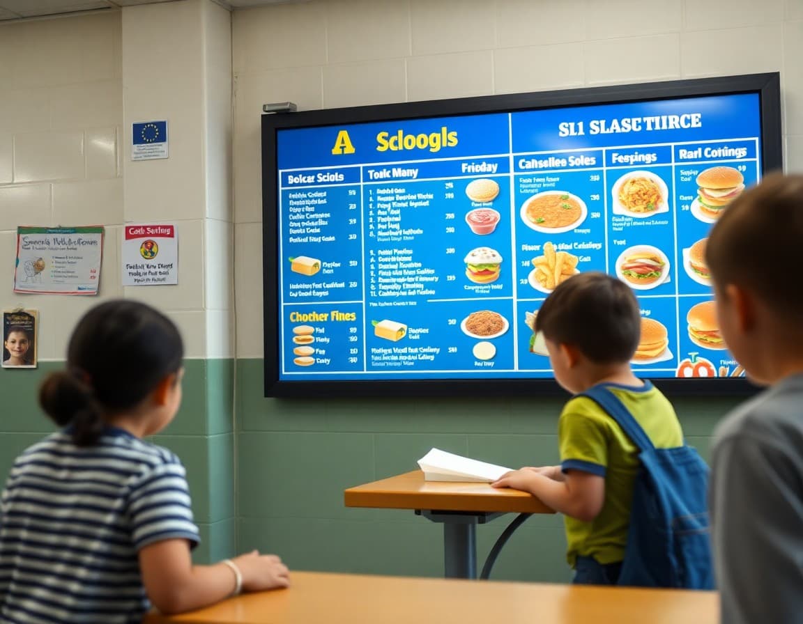 New school lunch menu displayed on cafeteria board with colorful food items listed