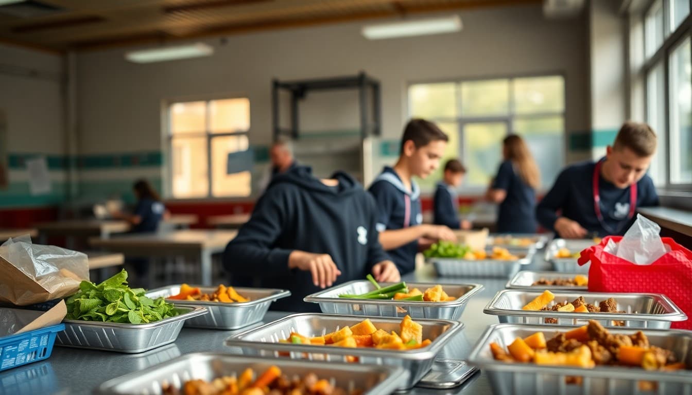 School cafeteria with freshly prepared lunch options including vegetables and entrees